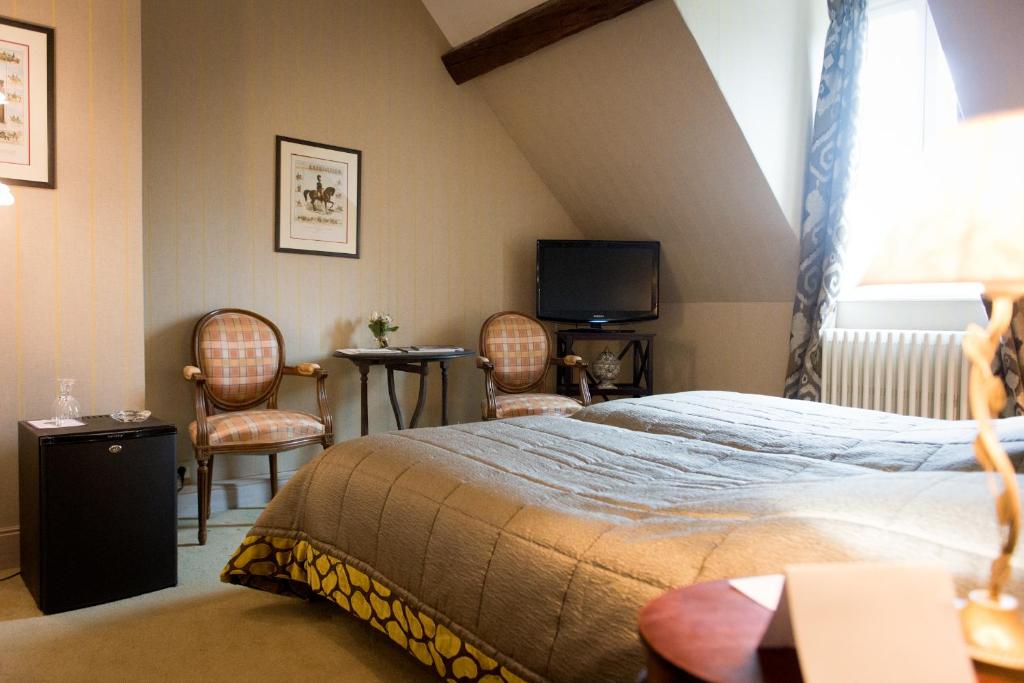 费尔昂塔德努瓦弗尔城堡酒店的一间卧室配有一张床、两把椅子和电视