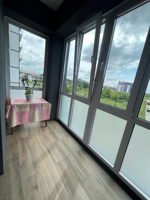罗夫诺VIP апартаменти біля озера的一间设有大窗户的房间和一张桌子,上面有植物