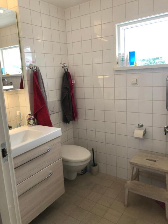 韦姆德Havsnära villa, närhet till stan的一间带卫生间、水槽和窗户的浴室