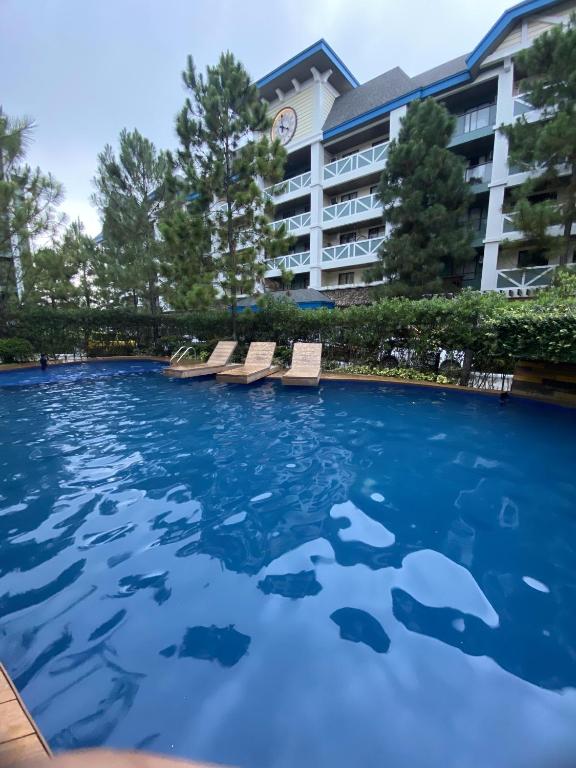 大雅台Alitheia Condo @ Pine Suites Tagaytay的酒店前方的游泳池里设有鲨鱼