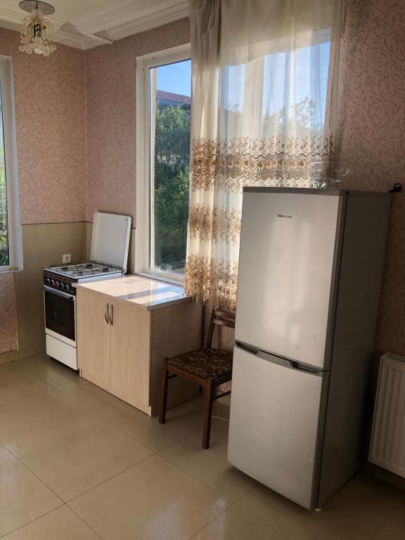 巴库里阿尼bakuriani home的厨房配有白色冰箱和窗户。