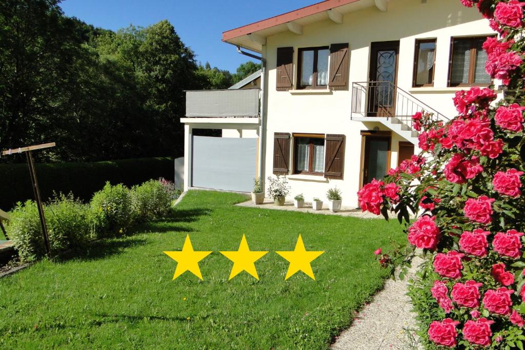 Foncine-le-HautGîte 1805Bis Montagnes du Jura avec Spa et Sauna classé 3 étoiles的一座房子的院子中的四颗黄色星