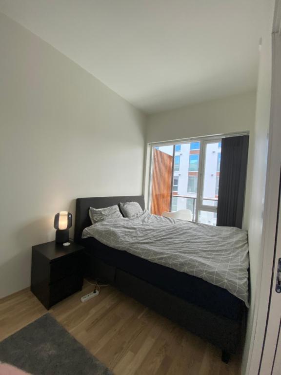 特隆赫姆Ny og moderne 2-roms leilighet på Øvre Nyhavna的一间卧室设有一张床和一个窗口