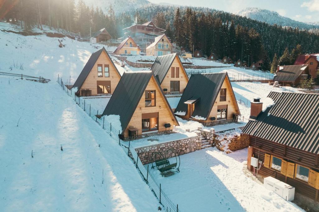 佩奇Villa Route Rugove的雪中村庄的空中景观