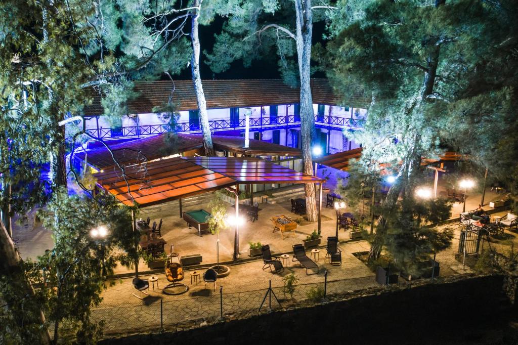 SaittasPine View Hotel (Okella)的公园里夜晚有蓝色灯光的建筑