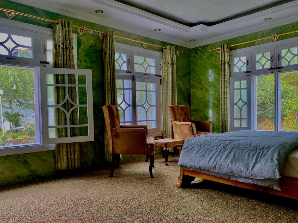 锡卡都Taaj Residence Skardu的一间卧室设有绿色的墙壁、窗户和一张床