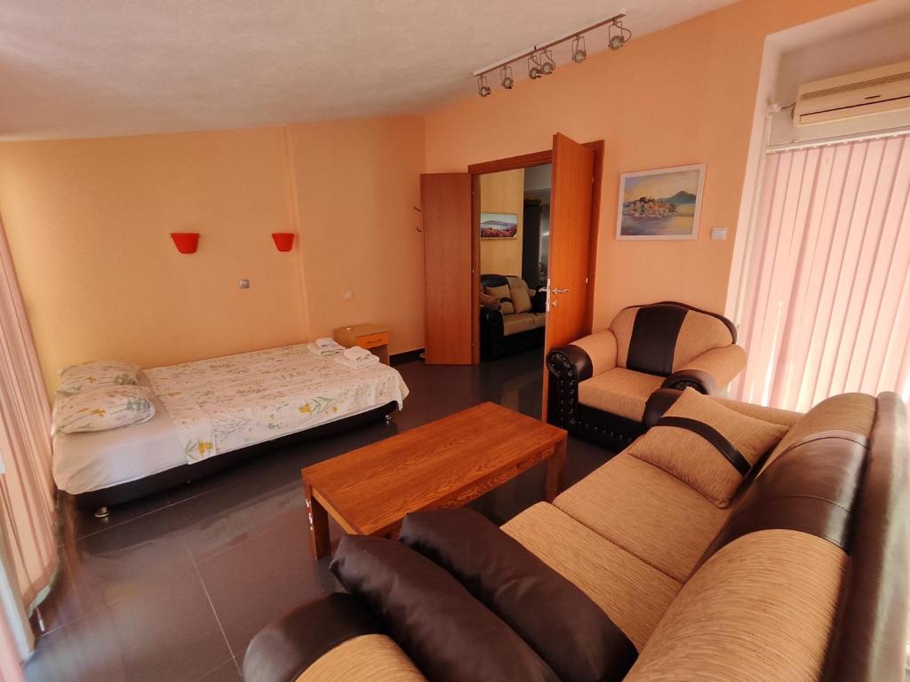 布德瓦Apartment Crocus of Rafailovici的客厅配有沙发和1张床