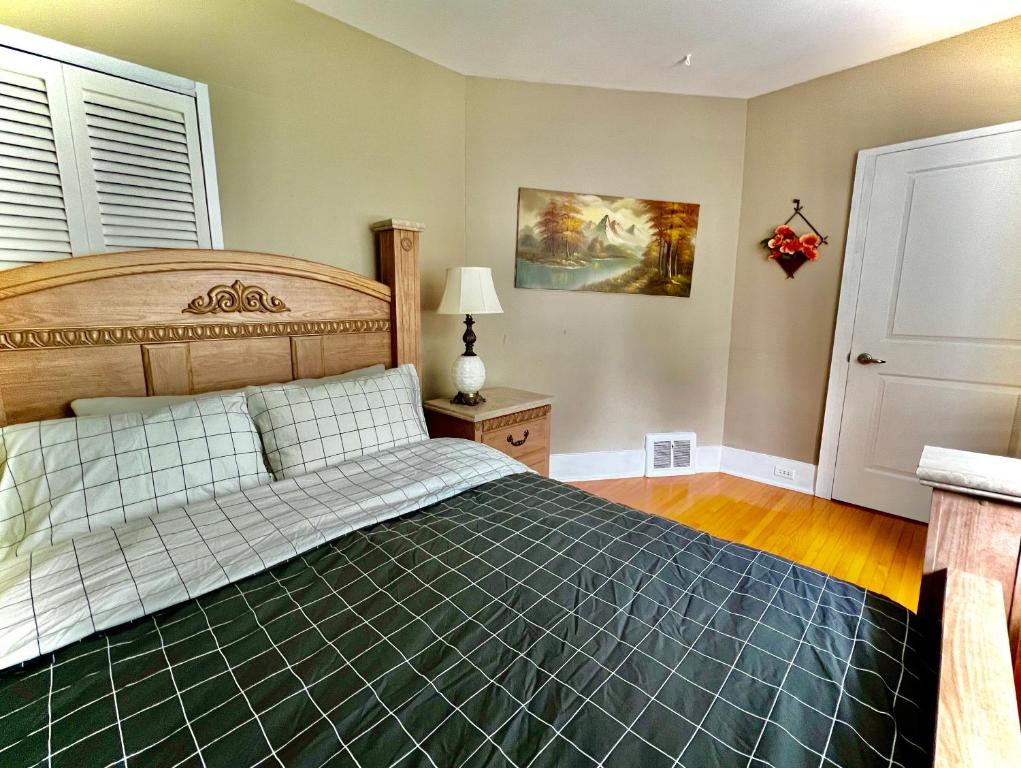 温尼伯River view house的一间卧室配有一张带绿色棉被的床