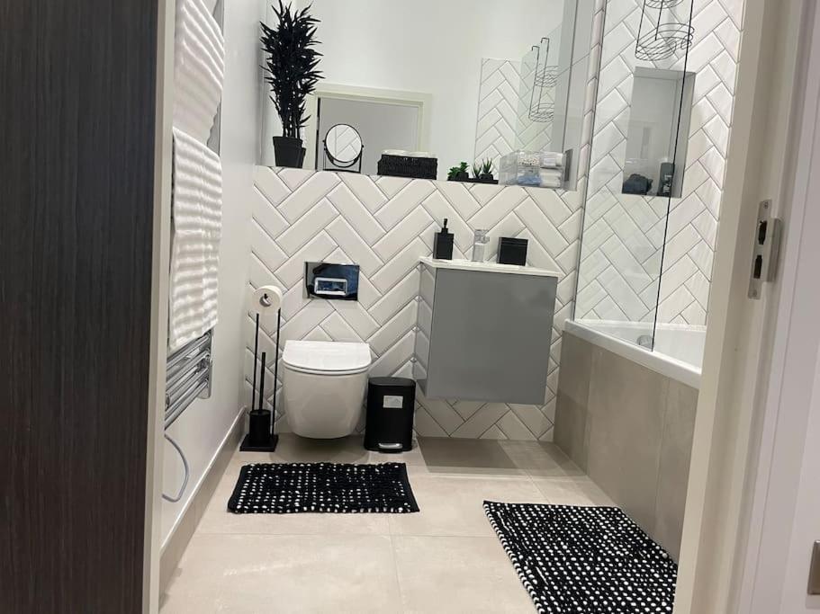 萨顿Luxury 2 bedroom Flat Sutton的浴室配有卫生间、盥洗盆和淋浴。