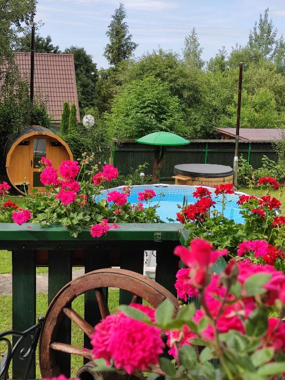 索瓦塔Casă de vacanță Chalet le Cristal的游泳池前的一张带鲜花的桌子