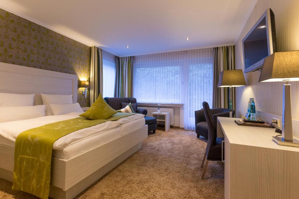 维林根Hotel Garni Fürst von Waldeck的配有一张床和一张书桌的酒店客房