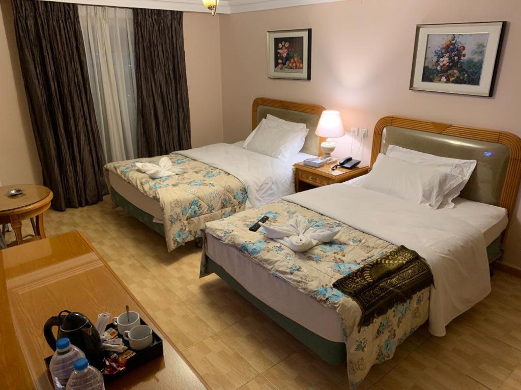 亚喀巴Mas-wadi的酒店客房设有两张床和一张桌子。