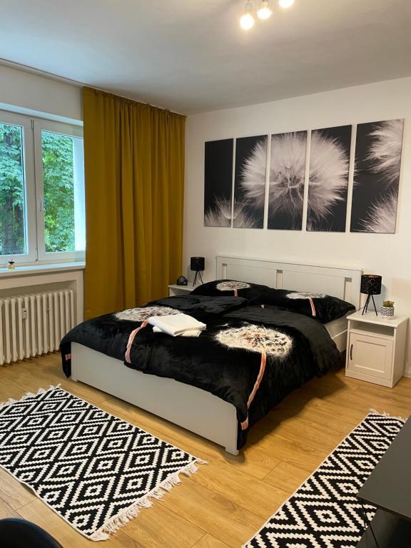 布拉迪斯拉发Studio Apartment Dandelion的一间卧室配有一张大床和地毯。