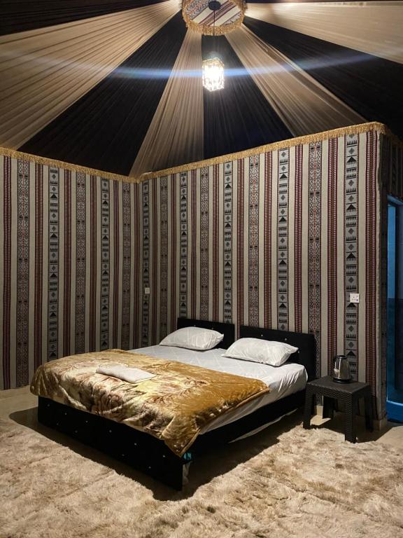 瓦迪拉姆WADi RUM ALi CAMP的天花板墙上的一张床位