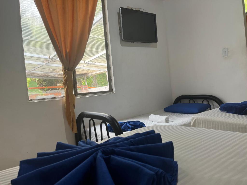 梅尔加Hotel Quinta Ana María的客房设有两张床、一台电视和一扇窗户。