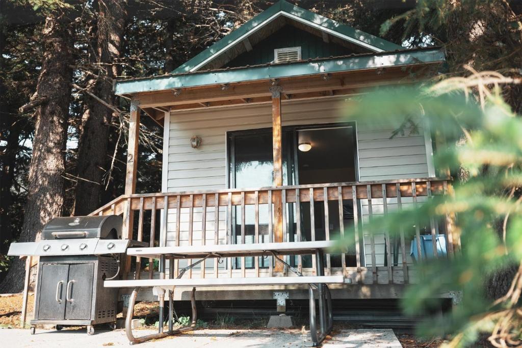 海恩斯Cabin 1 Lynn View Lodge的一个小房子,设有门廊和烧烤架