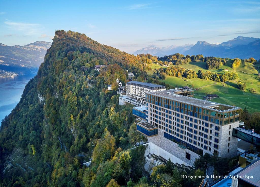 比尔根山Bürgenstock Hotel & Alpine Spa的山坡上树木的建筑物