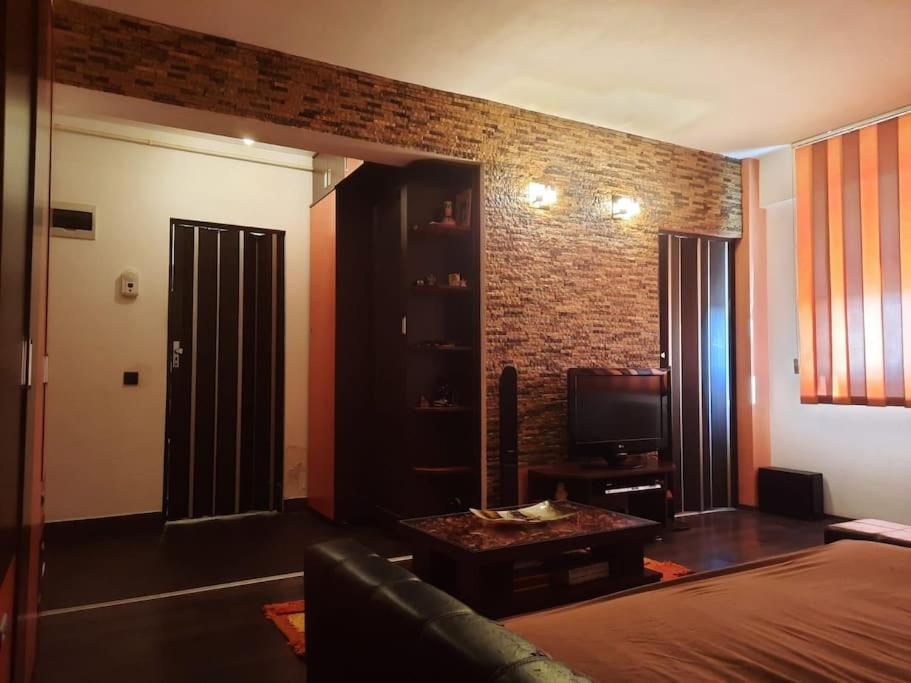 阿拉德Apartament cu parcare privata的带沙发和砖墙的客厅