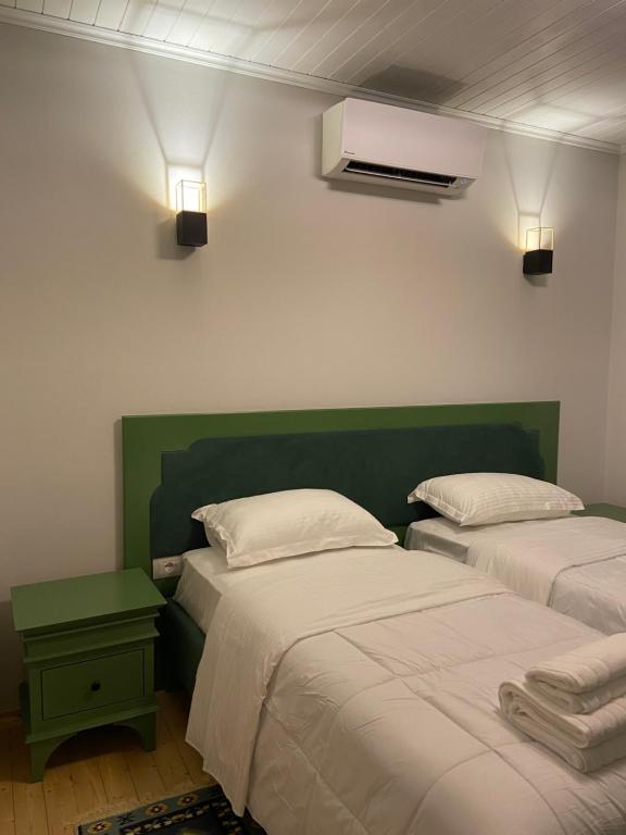 Këlcyrë“Sarajet” Bed&Breakfast的一间卧室设有两张床和绿色床头板