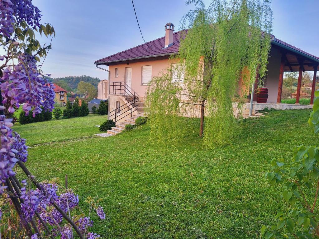 Gornja ToplicaApartman MatiNik1的庭院里种着草和紫色花的房子