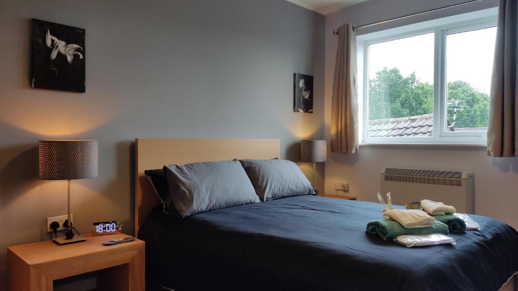 威根Modern 1-Bed Flat in Wigan的一间卧室配有一张蓝色的床和窗户