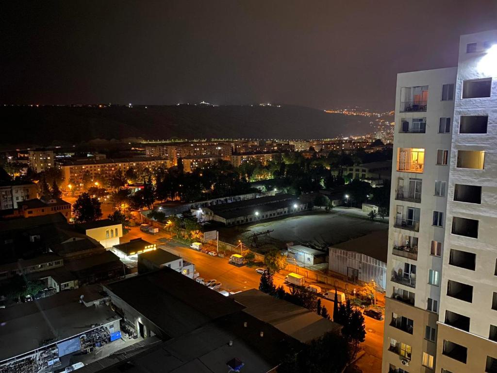第比利斯Tbilisi cozy apartment的享有夜间城市美景,设有一座建筑