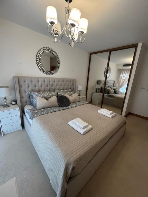 伦敦Two double bedroom duplex flat的一间卧室配有一张大床和大镜子