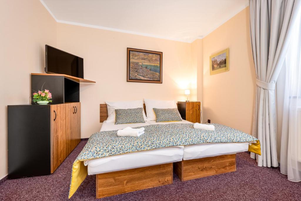 Zlatá Koruna坎普克朗膳食公寓酒店的一间卧室配有一张床和一台电视。