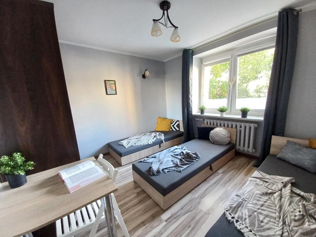 比得哥什Tanie spanie na Grunwaldzkiej - ZAMELDOWANIE BEZOBSŁUGOWE-的一个小客厅,配有一张床和一张沙发