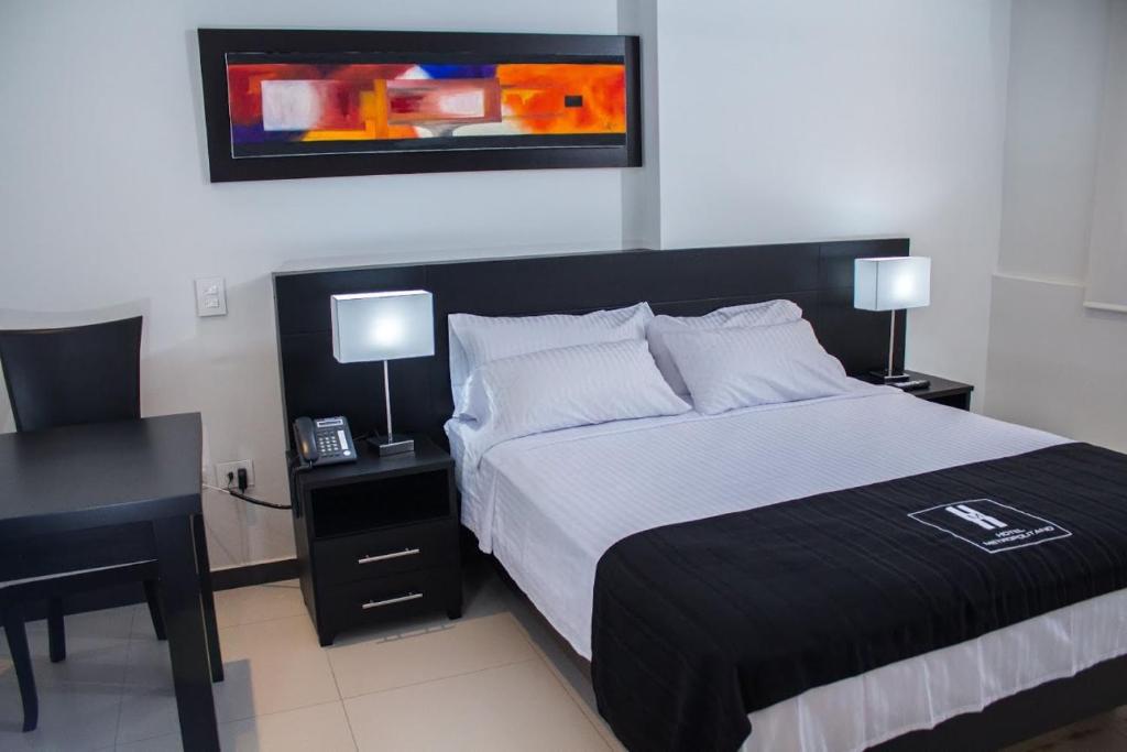 内瓦大都会酒店 的一间卧室配有一张床和一张带两盏灯的书桌。