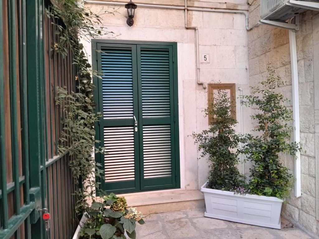 焦维纳佐Arco Felice的一座绿色的门和两株盆栽植物,毗邻一座建筑