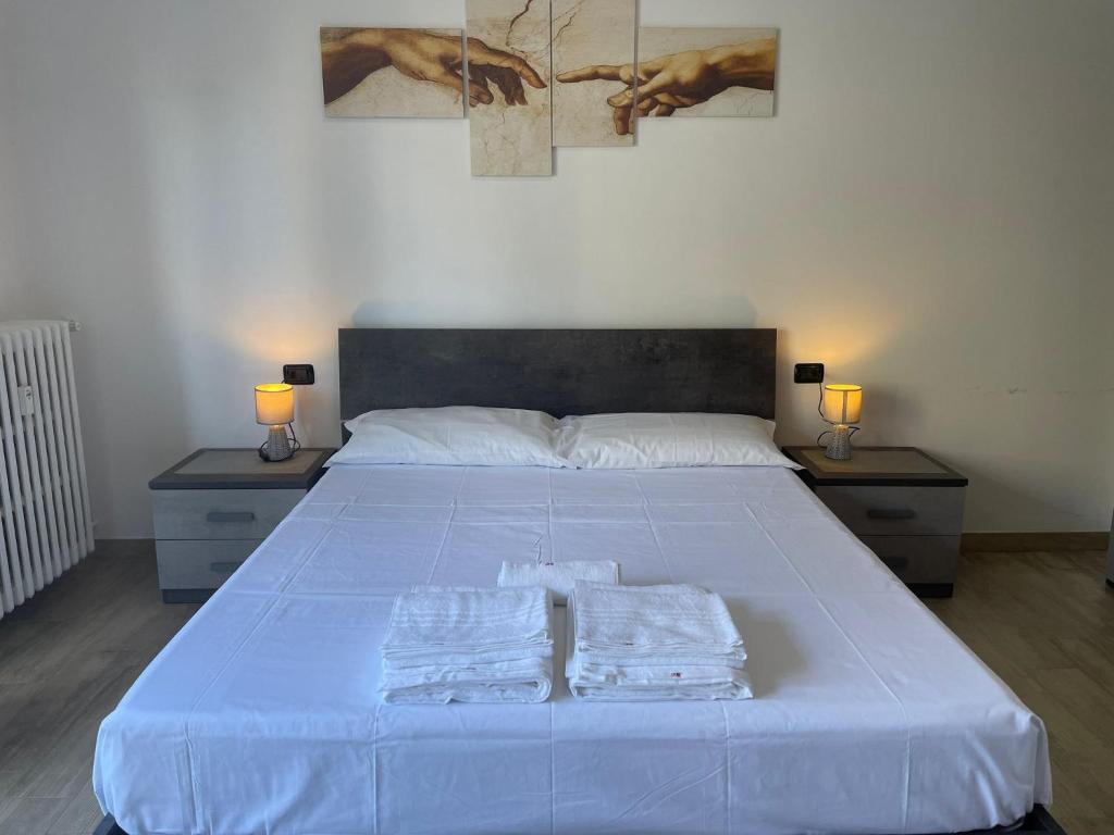 诺瓦拉Accogliente Loft ben servito的一间卧室配有一张大床和两条毛巾