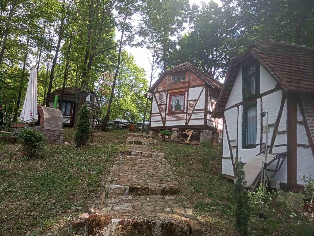 Etno selo Krugerdorf的树林里的一群小房子