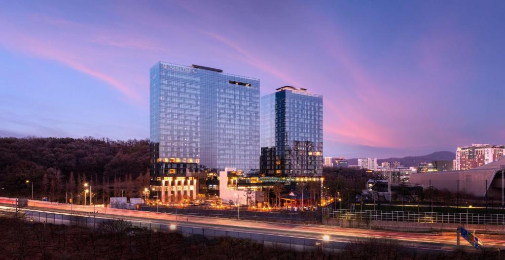 城南市DoubleTree By Hilton Seoul Pangyo Residences的夜空下彩虹的城市天际线