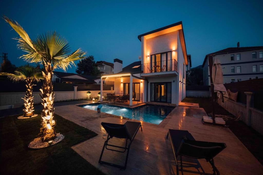 科贾埃利Villa Karam的棕榈树和游泳池的房子