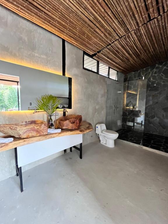 PapagallerosNatural Luxury Hotel的一间带水槽和卫生间的浴室