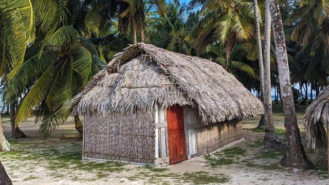 WarsobtuguaCabañas tradicionales en isla Aroma的一间有稻草屋顶和红色门的小小屋