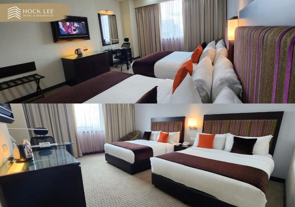 古晋Hock Lee Hotel & Residences的两张带两张床的酒店客房的照片