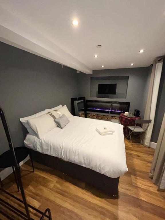 爱丁堡Cosy Double Bed With Fire Place的一间卧室配有一张大床和电视