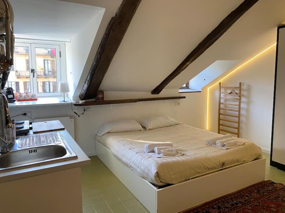 都灵A Due Passi dal Centro的一间带床和水槽的小卧室