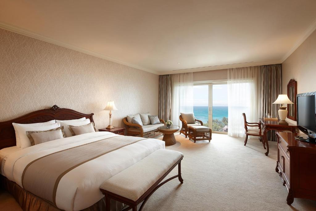 西归浦市济州乐天酒店的酒店客房设有一张大床和一台电视。
