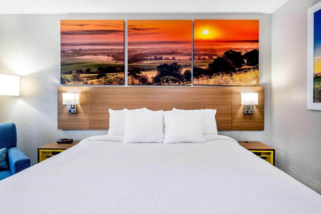 苏福尔斯苏瀑戴斯酒店的一张位于酒店客房的床铺,墙上挂着四幅画作