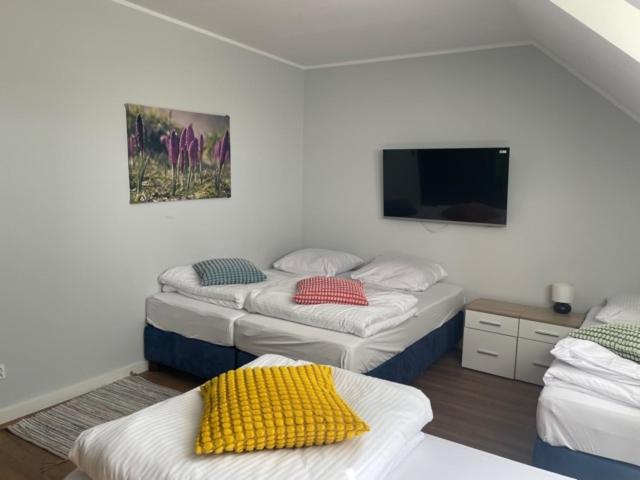 弗罗茨瓦夫Noclegi Budomas Klima-ParkigFree-SmartTv的客房设有两张床和一台平面电视。