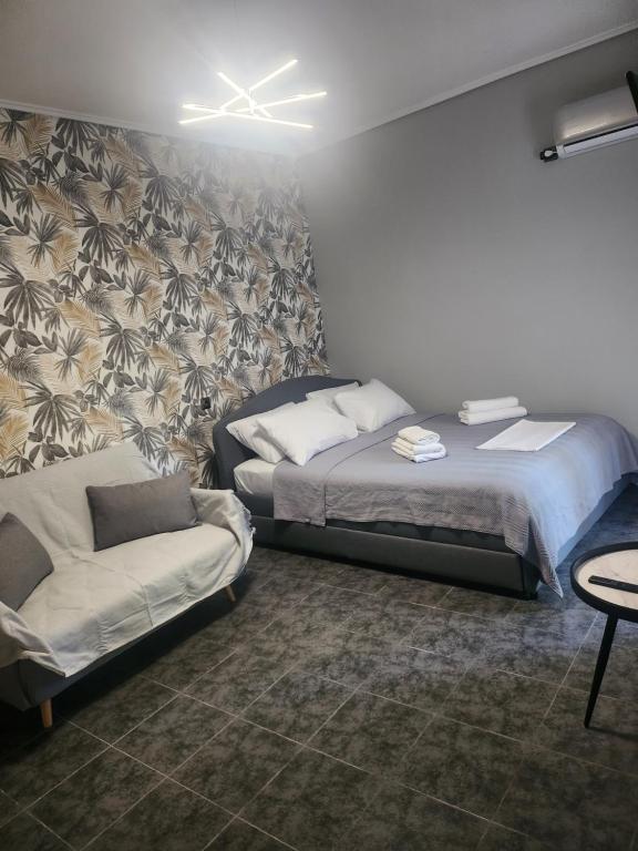 阿纳维索斯Small luxury apartment的一间带两张床和一张沙发的卧室