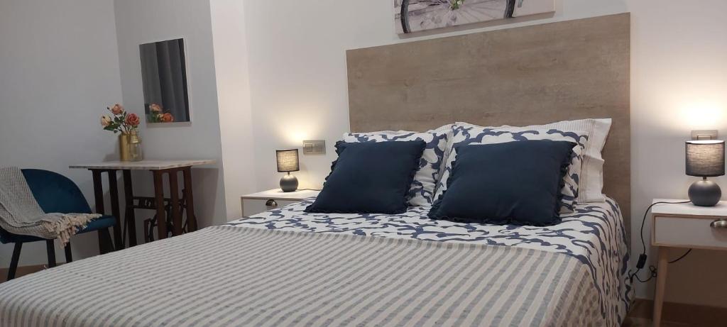 奥波里尼奥Casa en piedra (Stone House)的一间卧室配有一张带蓝色和白色枕头的床
