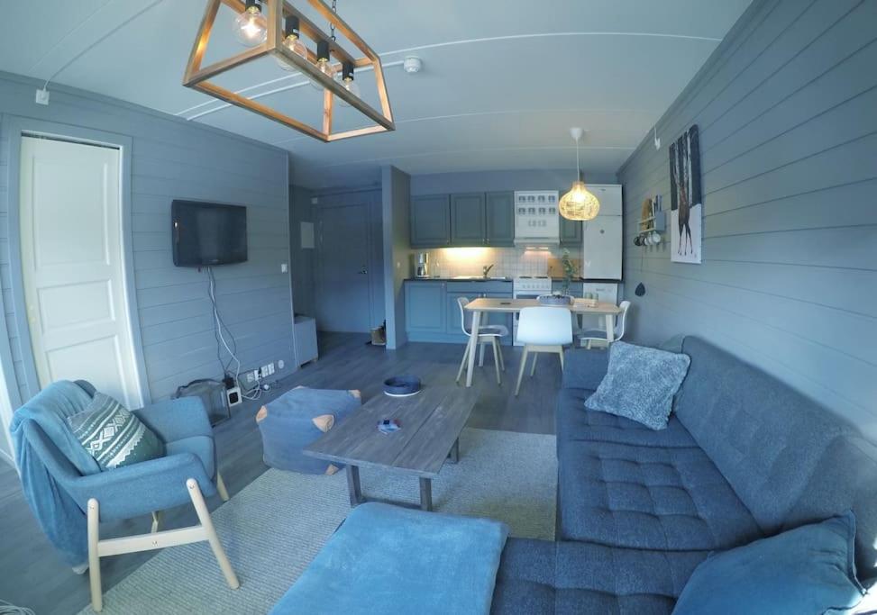 TorsetFjellstova Storehorn Apartments的客厅配有蓝色的沙发和桌子