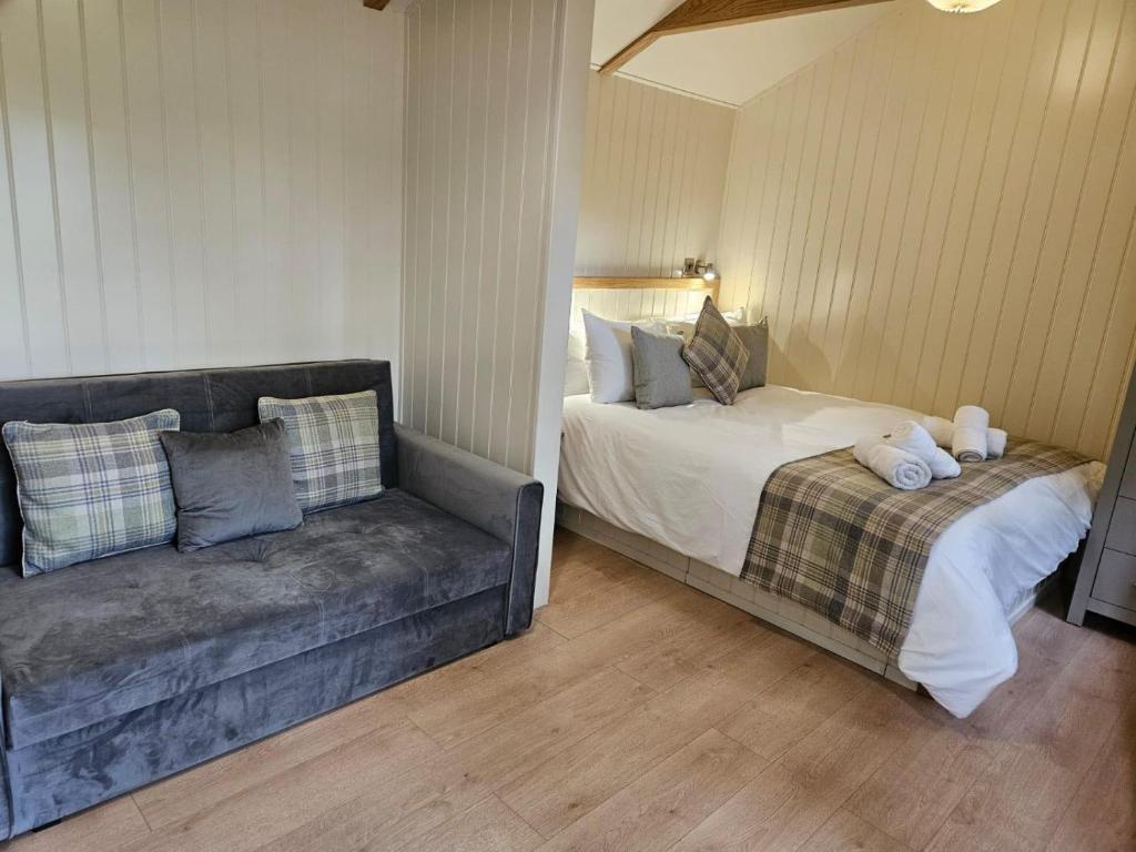 卡纳芬Woodland Shepherds Hut - 'Saga'的客厅配有沙发和1张床