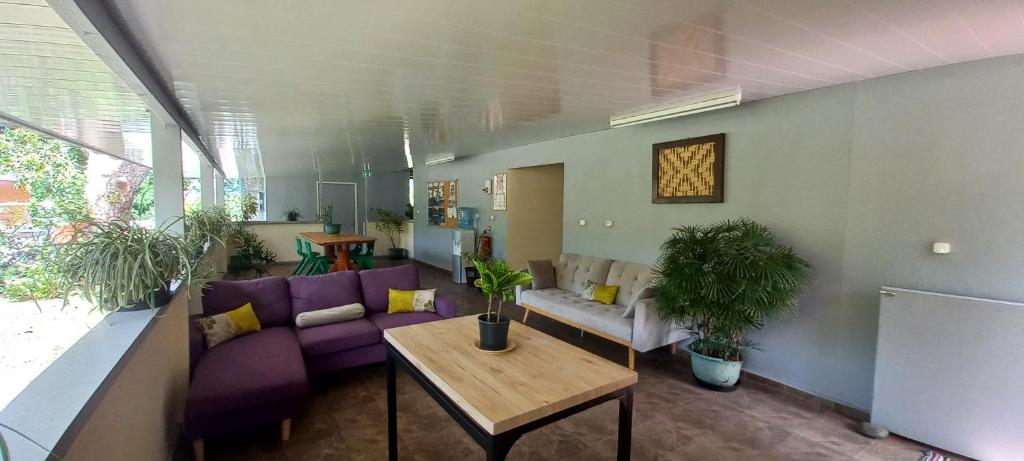 努库希瓦PENSION TOKA EVA的客厅配有紫色沙发和桌子
