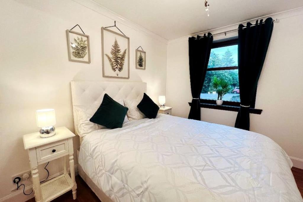 阿伯丁A Stylish Two-Bedroom Flat-Free Parking-CityCentre的卧室配有白色的床和窗户。