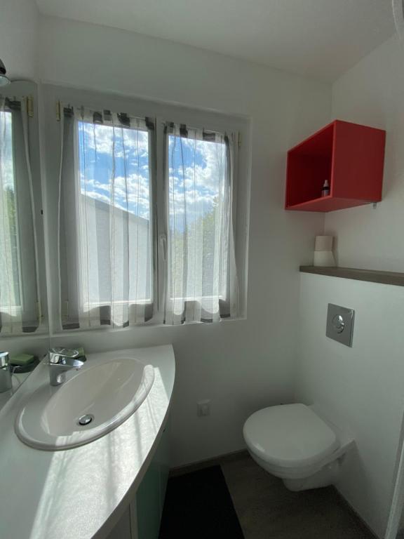 PeignyLe chalet de la liez的一间带水槽和卫生间的浴室以及窗户。